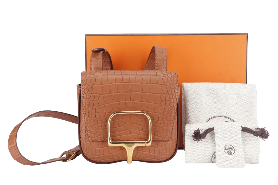 HERMES DELLA CAVALLERIA MINI STAMP B (YEAR 2023) ALLIGATOR MISSI GOLD WITH DUST COVER AND BOX