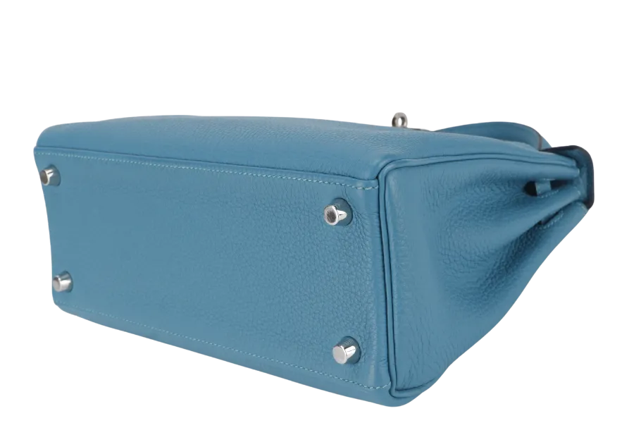 HERMES KELLY 25 STAMP R (YEAR 2014) RETOURNE TURQUOISE TOGO SILVER HARDWARE WITH LOCK&KEYS, RAINCOAT AND DUSTC COVER
