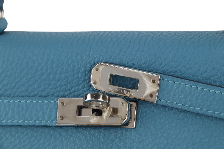 HERMES KELLY 25 STAMP R (YEAR 2014) RETOURNE TURQUOISE TOGO SILVER HARDWARE WITH LOCK&KEYS, RAINCOAT AND DUSTC COVER