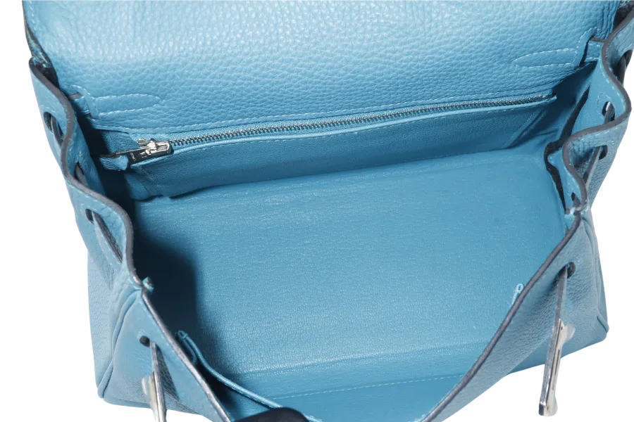HERMES KELLY 25 STAMP R (YEAR 2014) RETOURNE TURQUOISE TOGO SILVER HARDWARE WITH LOCK&KEYS, RAINCOAT AND DUSTC COVER
