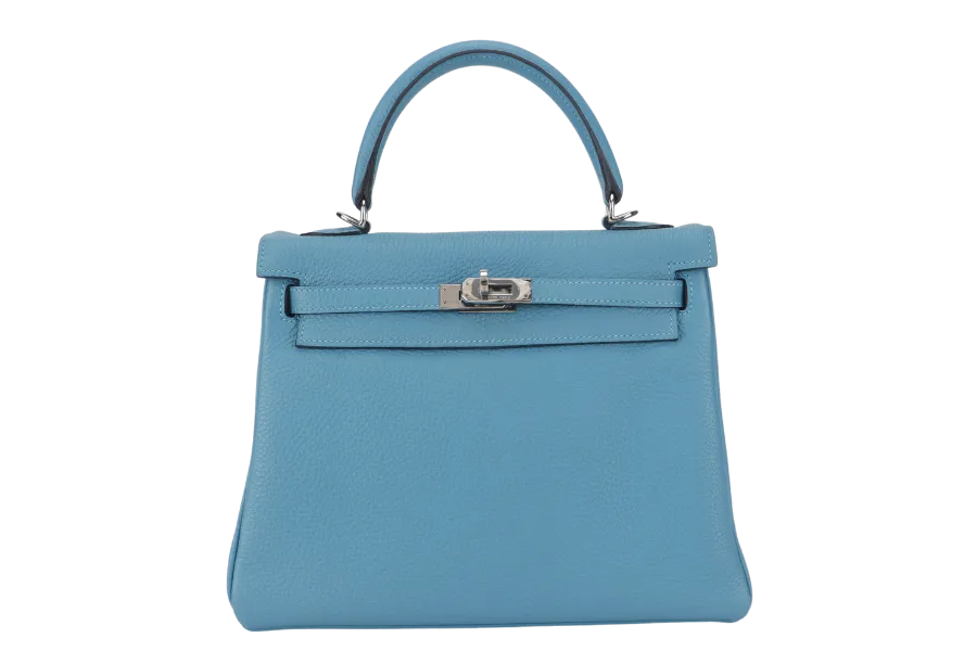 HERMES KELLY 25 STAMP R (YEAR 2014) RETOURNE TURQUOISE TOGO SILVER HARDWARE WITH LOCK&KEYS, RAINCOAT AND DUSTC COVER