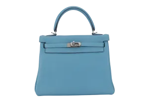 HERMES KELLY 25 STAMP R (YEAR 2014) RETOURNE TURQUOISE TOGO SILVER HARDWARE WITH LOCK&KEYS, RAINCOAT AND DUSTC COVER