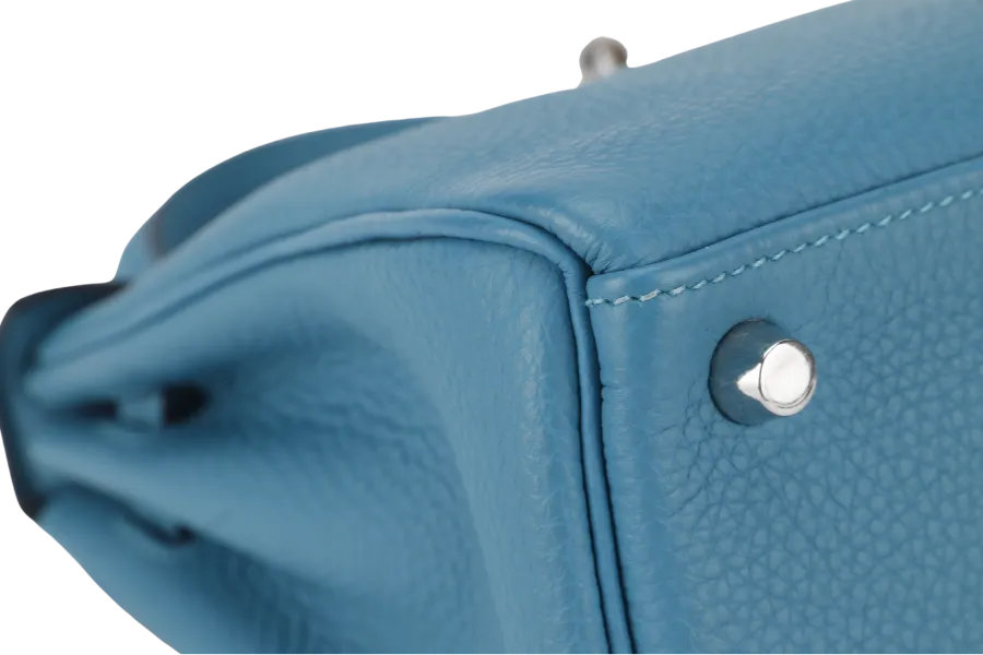 HERMES KELLY 25 STAMP R (YEAR 2014) RETOURNE TURQUOISE TOGO SILVER HARDWARE WITH LOCK&KEYS, RAINCOAT AND DUSTC COVER