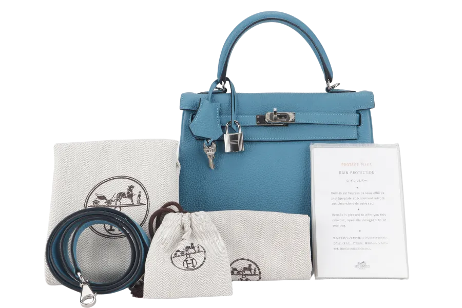 HERMES KELLY 25 STAMP R (YEAR 2014) RETOURNE TURQUOISE TOGO SILVER HARDWARE WITH LOCK&KEYS, RAINCOAT AND DUSTC COVER