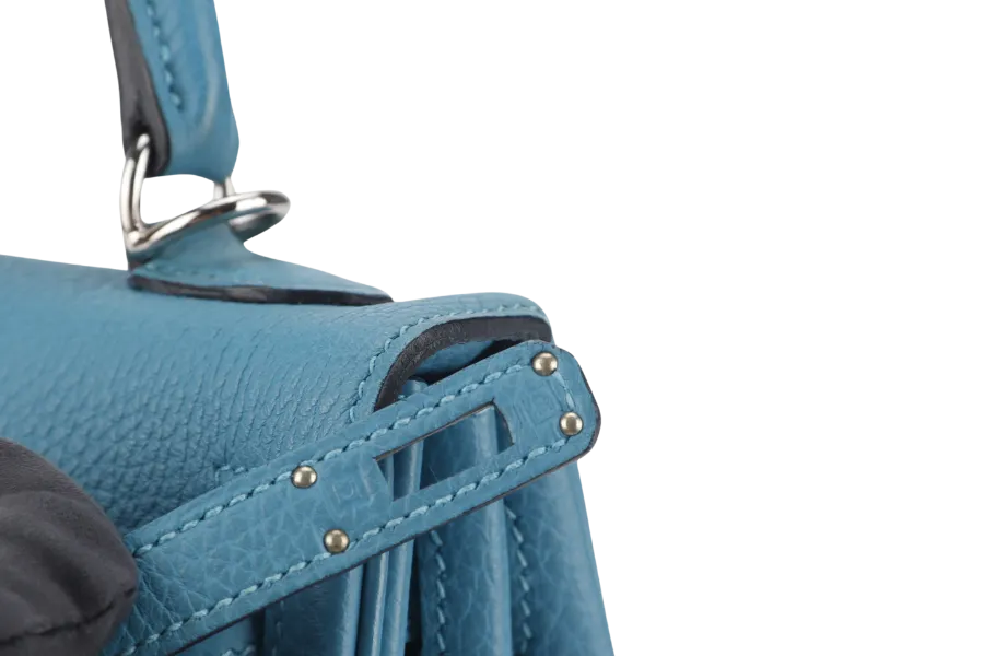 HERMES KELLY 25 STAMP R (YEAR 2014) RETOURNE TURQUOISE TOGO SILVER HARDWARE WITH LOCK&KEYS, RAINCOAT AND DUSTC COVER