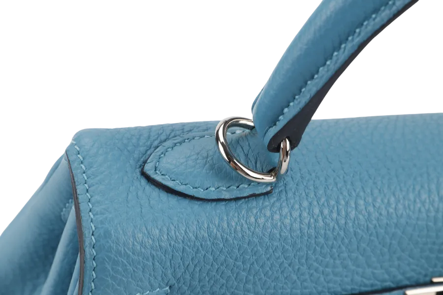 HERMES KELLY 25 STAMP R (YEAR 2014) RETOURNE TURQUOISE TOGO SILVER HARDWARE WITH LOCK&KEYS, RAINCOAT AND DUSTC COVER