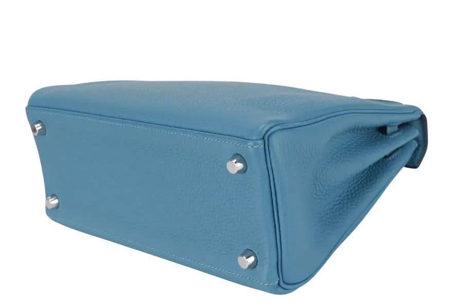 HERMES KELLY 25 STAMP R (YEAR 2014) RETOURNE TURQUOISE TOGO SILVER HARDWARE WITH LOCK&KEYS, RAINCOAT AND DUSTC COVER
