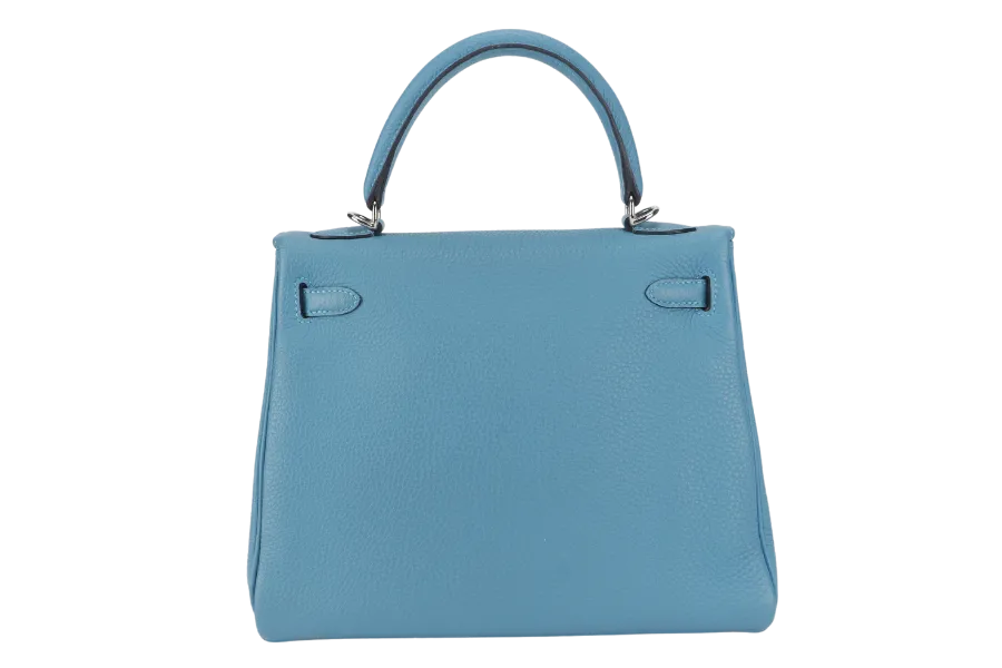 HERMES KELLY 25 STAMP R (YEAR 2014) RETOURNE TURQUOISE TOGO SILVER HARDWARE WITH LOCK&KEYS, RAINCOAT AND DUSTC COVER