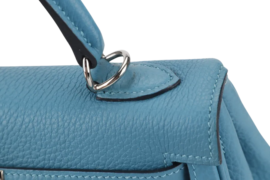 HERMES KELLY 25 STAMP R (YEAR 2014) RETOURNE TURQUOISE TOGO SILVER HARDWARE WITH LOCK&KEYS, RAINCOAT AND DUSTC COVER
