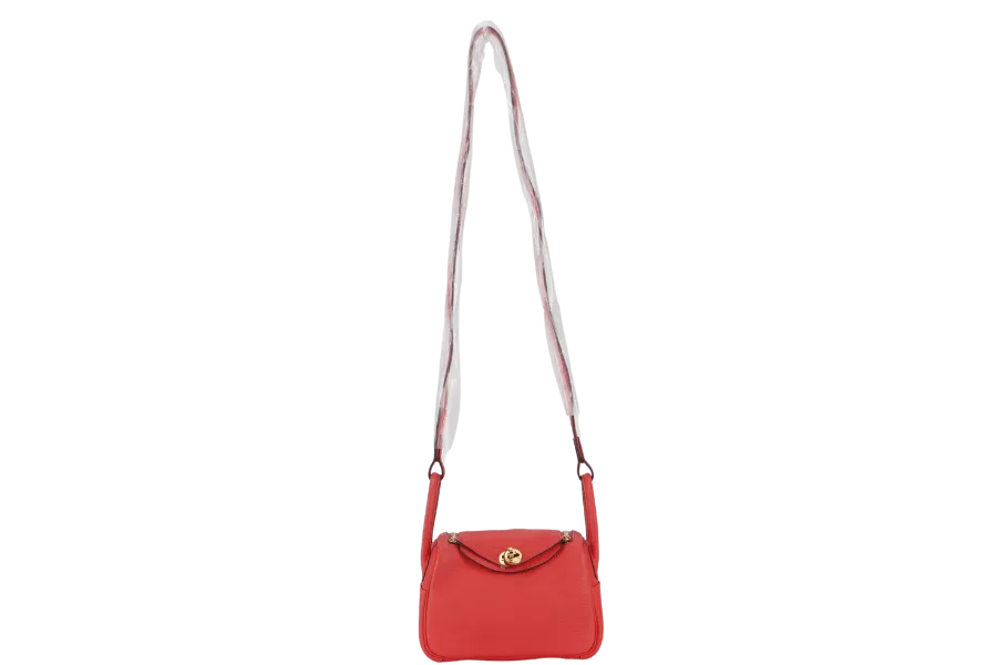HERMES MINI LINDY STAMP Y (YEAR 2021) ROSE TEXAS CLEMENCE GOLD HARDWARE WITH DUST COVER
