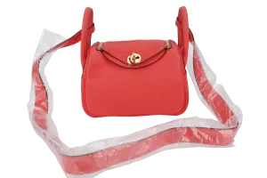 HERMES MINI LINDY STAMP Y (YEAR 2021) ROSE TEXAS CLEMENCE GOLD HARDWARE WITH DUST COVER