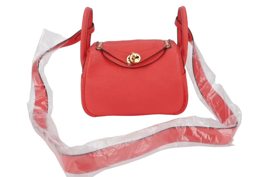 HERMES MINI LINDY STAMP Y (YEAR 2021) ROSE TEXAS CLEMENCE GOLD HARDWARE WITH DUST COVER