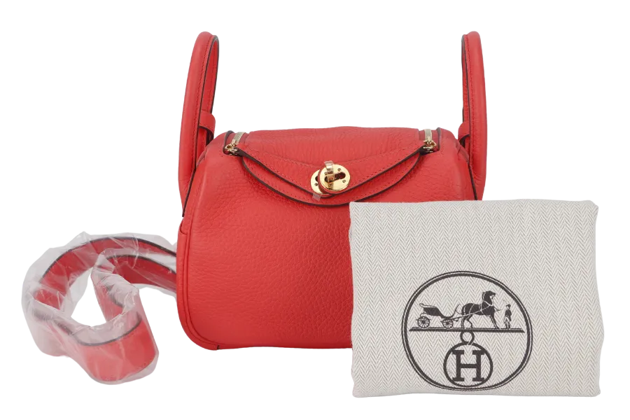 HERMES MINI LINDY STAMP Y (YEAR 2021) ROSE TEXAS CLEMENCE GOLD HARDWARE WITH DUST COVER