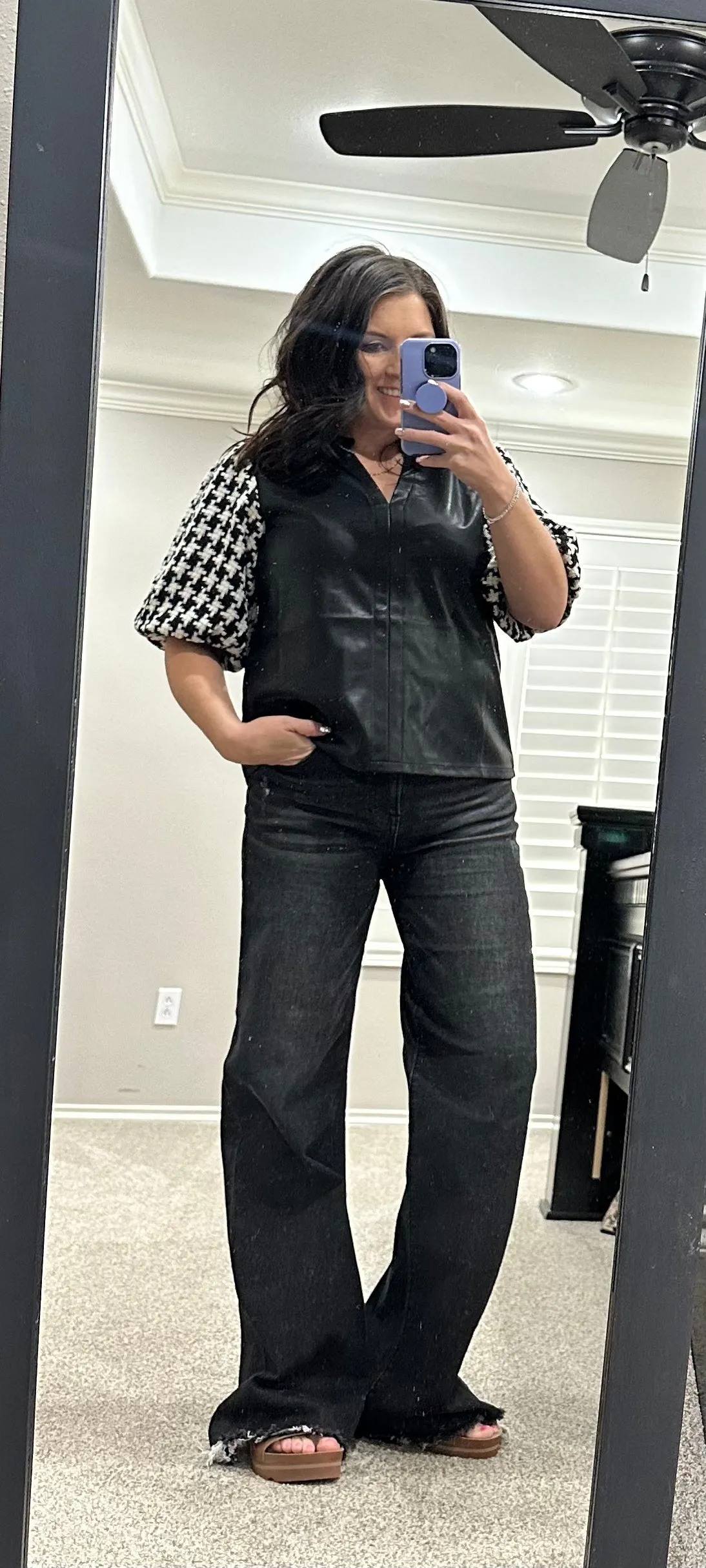 Houndstooth Sleeve Leather Top