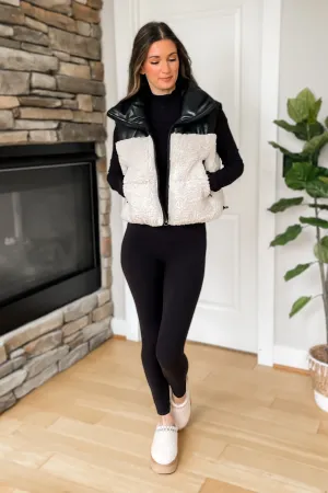 Jackson Sherpa and Faux Leather Contrast Puffer Vest - Black/Cream