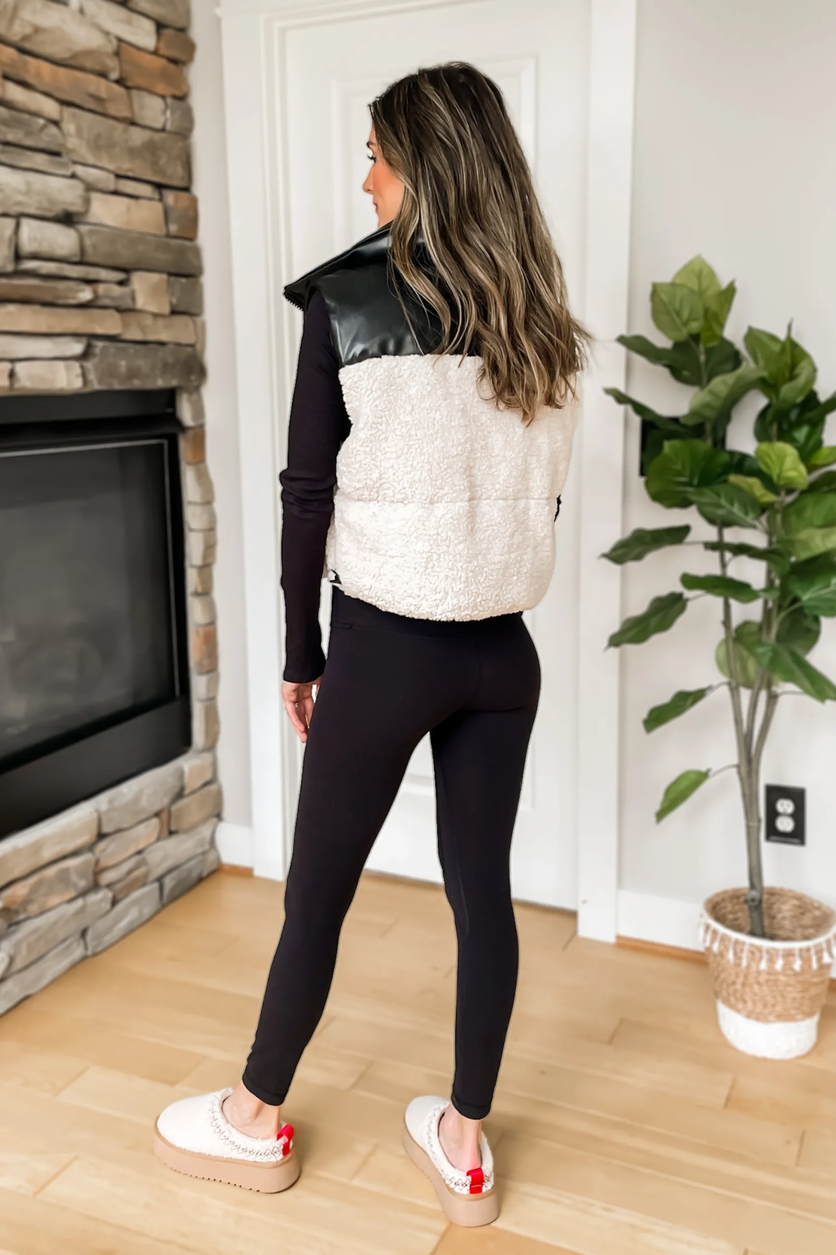 Jackson Sherpa and Faux Leather Contrast Puffer Vest - Black/Cream