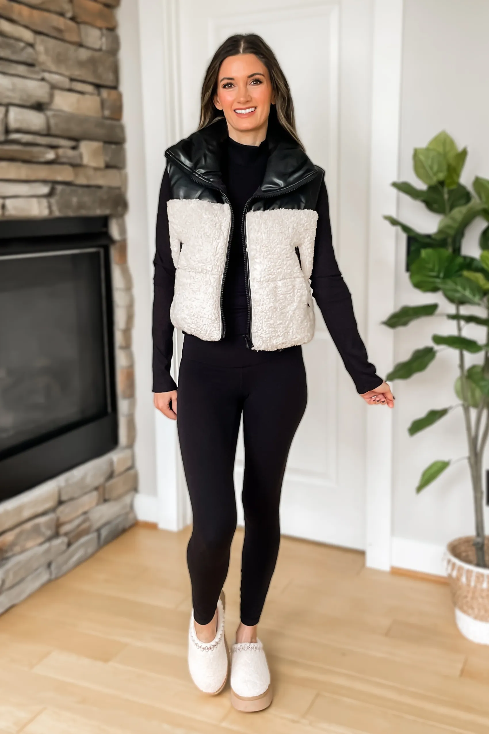 Jackson Sherpa and Faux Leather Contrast Puffer Vest - Black/Cream