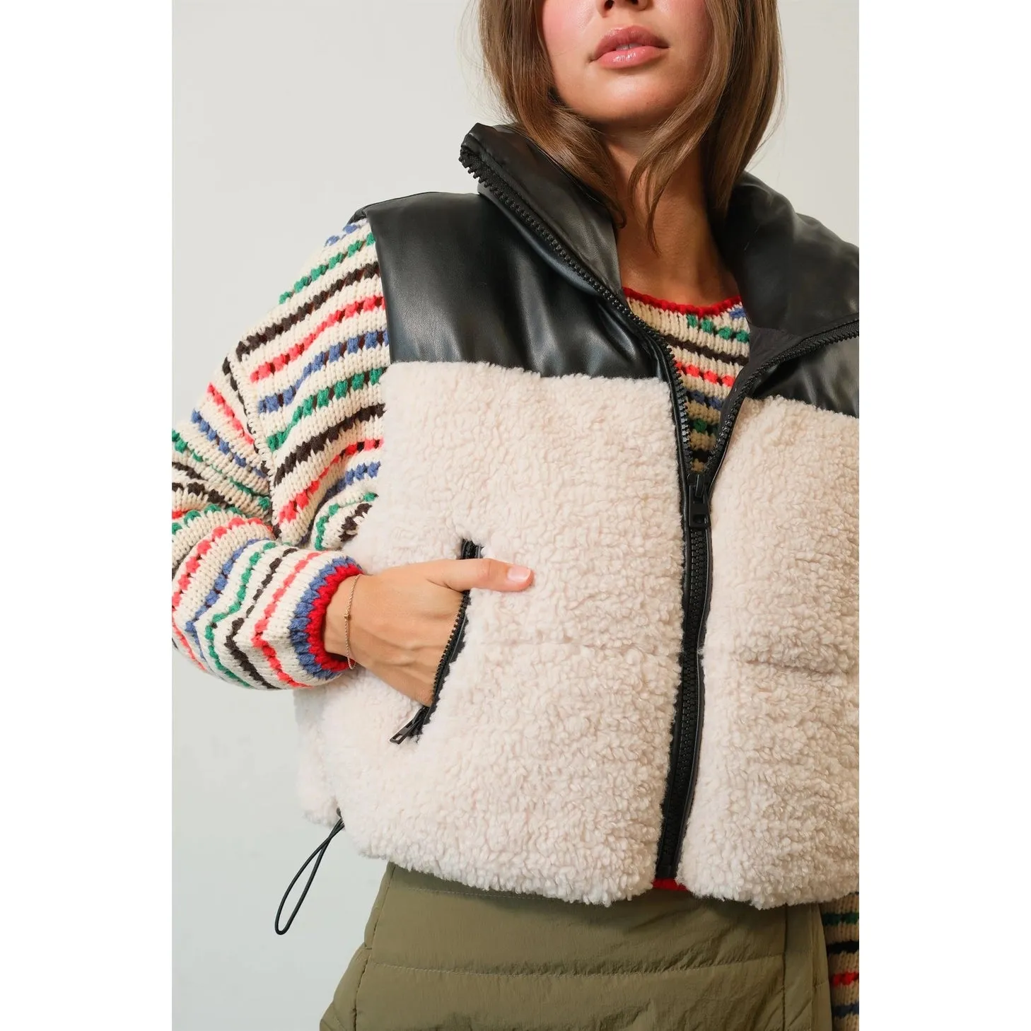 Jackson Sherpa and Faux Leather Contrast Puffer Vest - Black/Cream