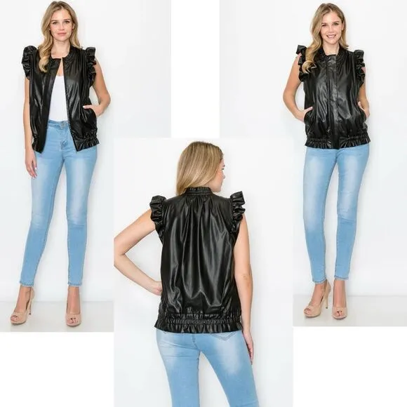 JOH. NWT Sleeveless Ruffle Jaide Leather Zip Up Vest XS