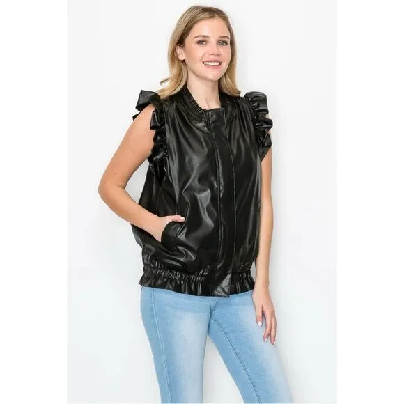 JOH. NWT Sleeveless Ruffle Jaide Leather Zip Up Vest XS
