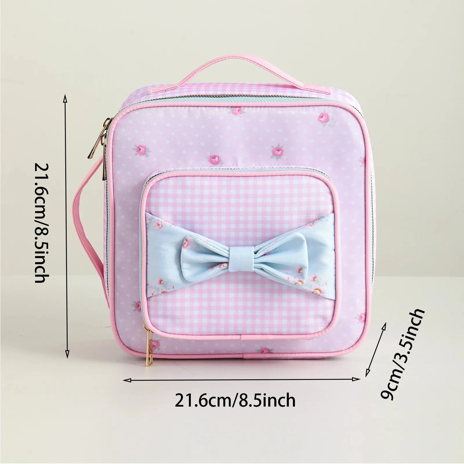 Kawaii Insulated Lunch Tote 🍱🌸 Cute Floral Canvas with Polka Dots & Blue Plaid Bow 🌼🎀 Portable Zipper Bag with Handle