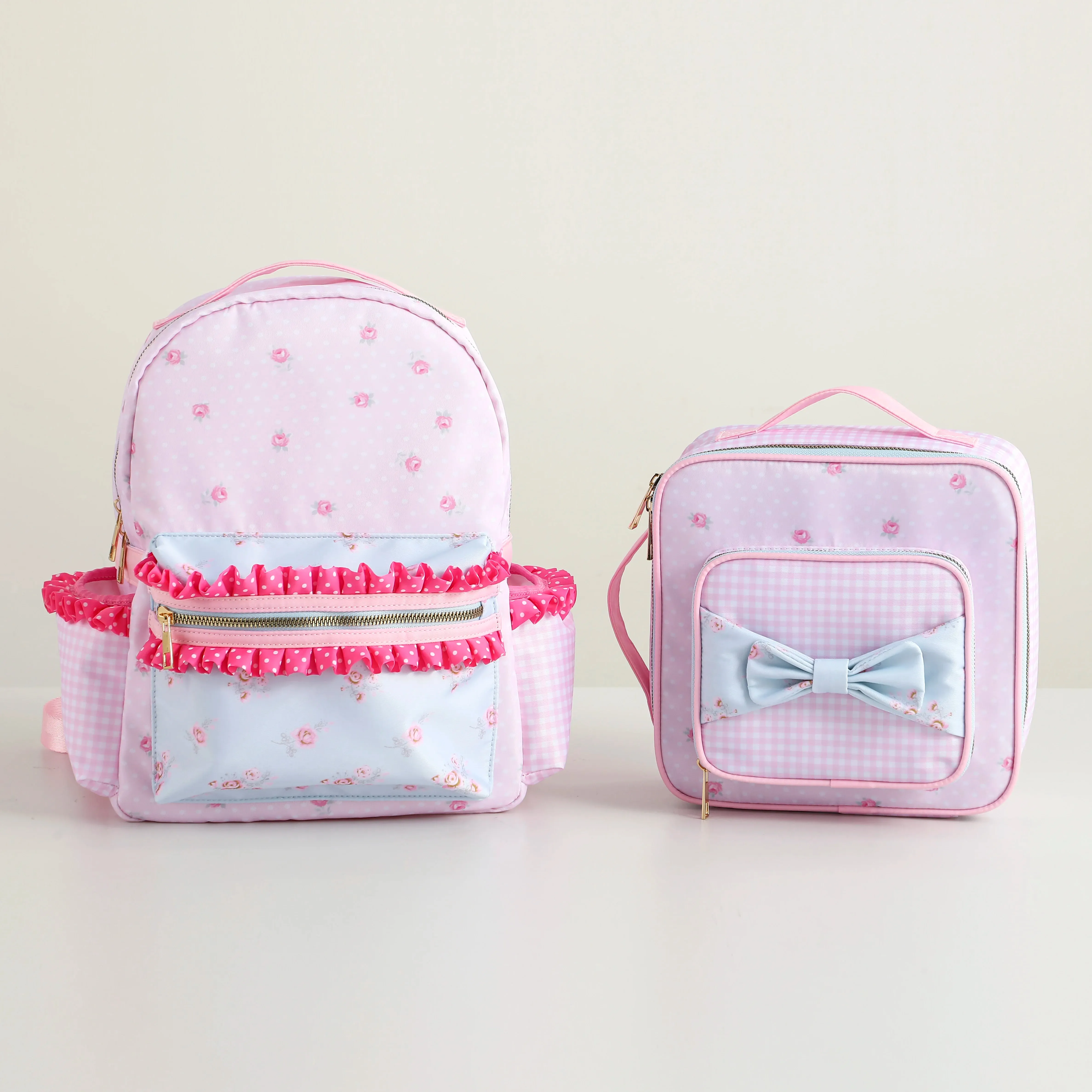 Kawaii Insulated Lunch Tote 🍱🌸 Cute Floral Canvas with Polka Dots & Blue Plaid Bow 🌼🎀 Portable Zipper Bag with Handle