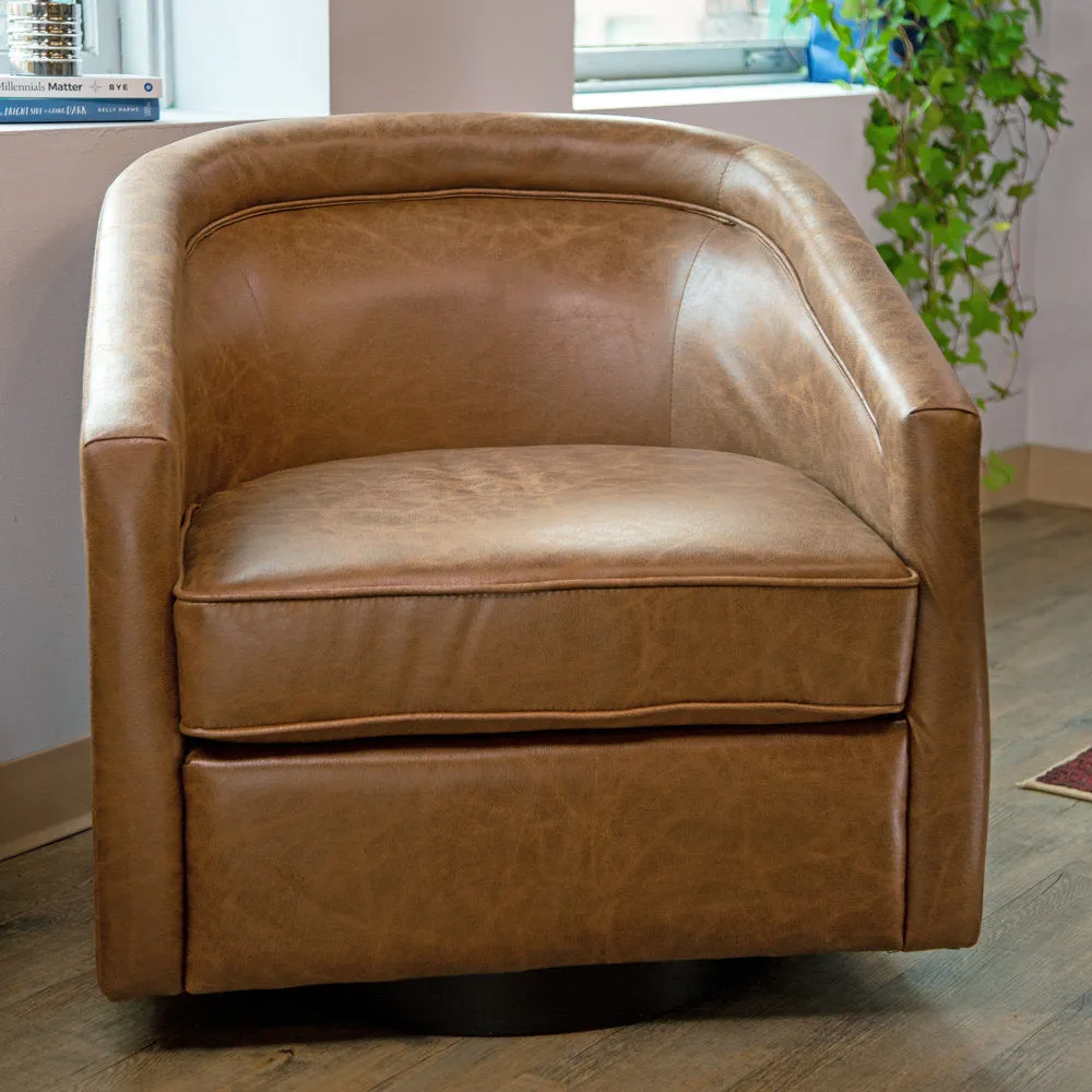 Kiersten 28.7" Wide Vegan Leather Swivel Barrel Chair Sand & Stable™ Leather Type: Walnut Faux Leather