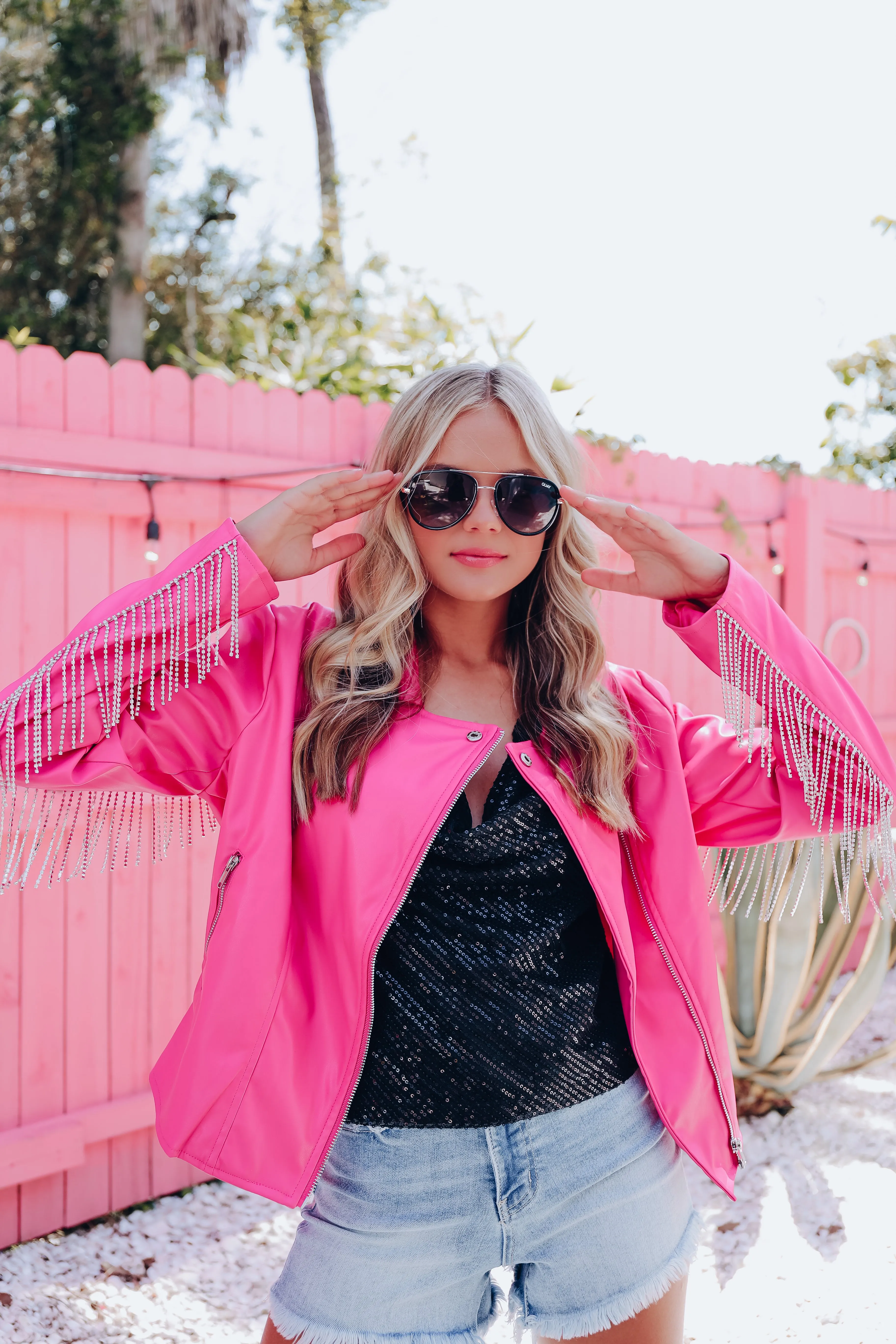Legendary Faux Leather Rhinestone Fringe Jacket - Pink