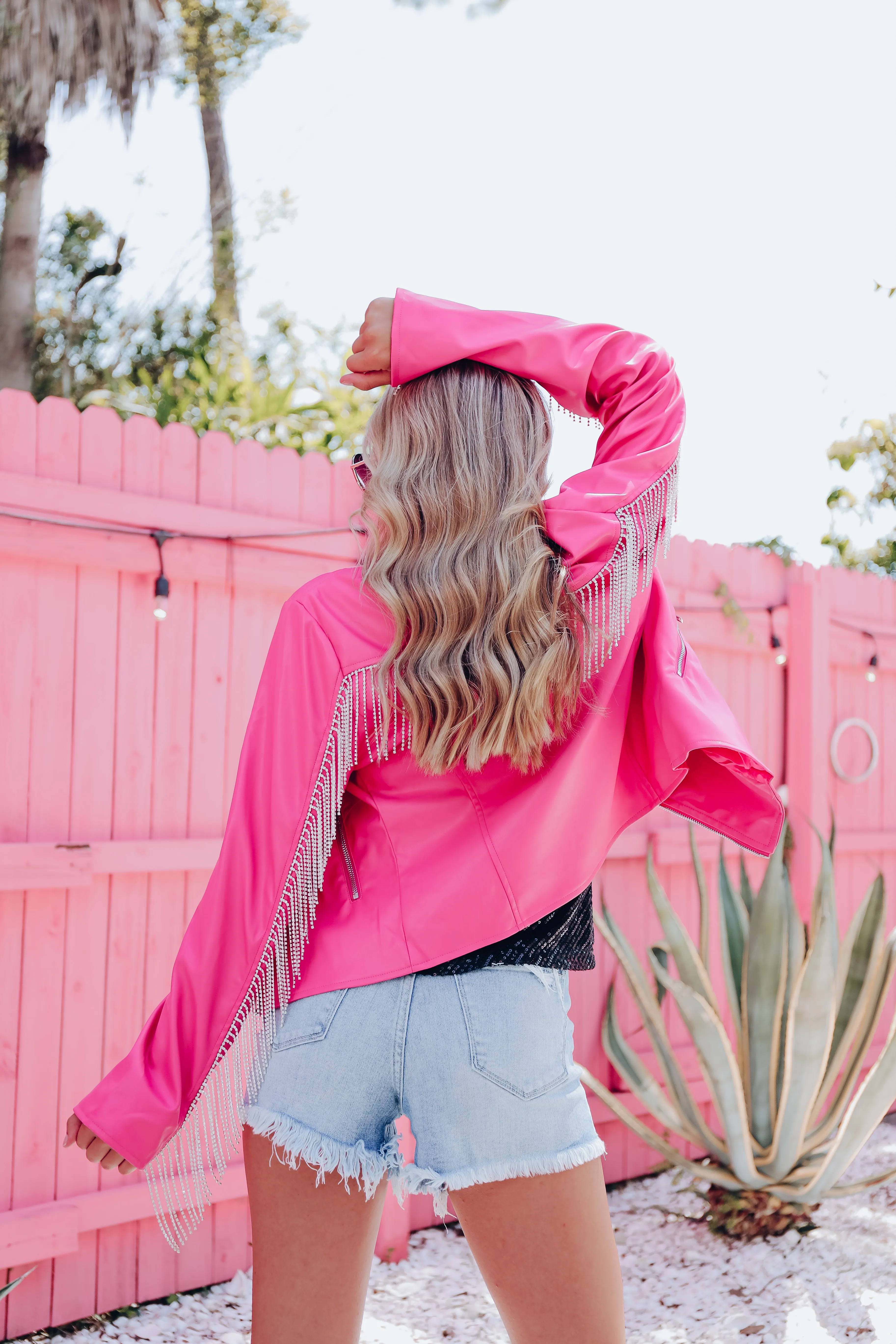 Legendary Faux Leather Rhinestone Fringe Jacket - Pink