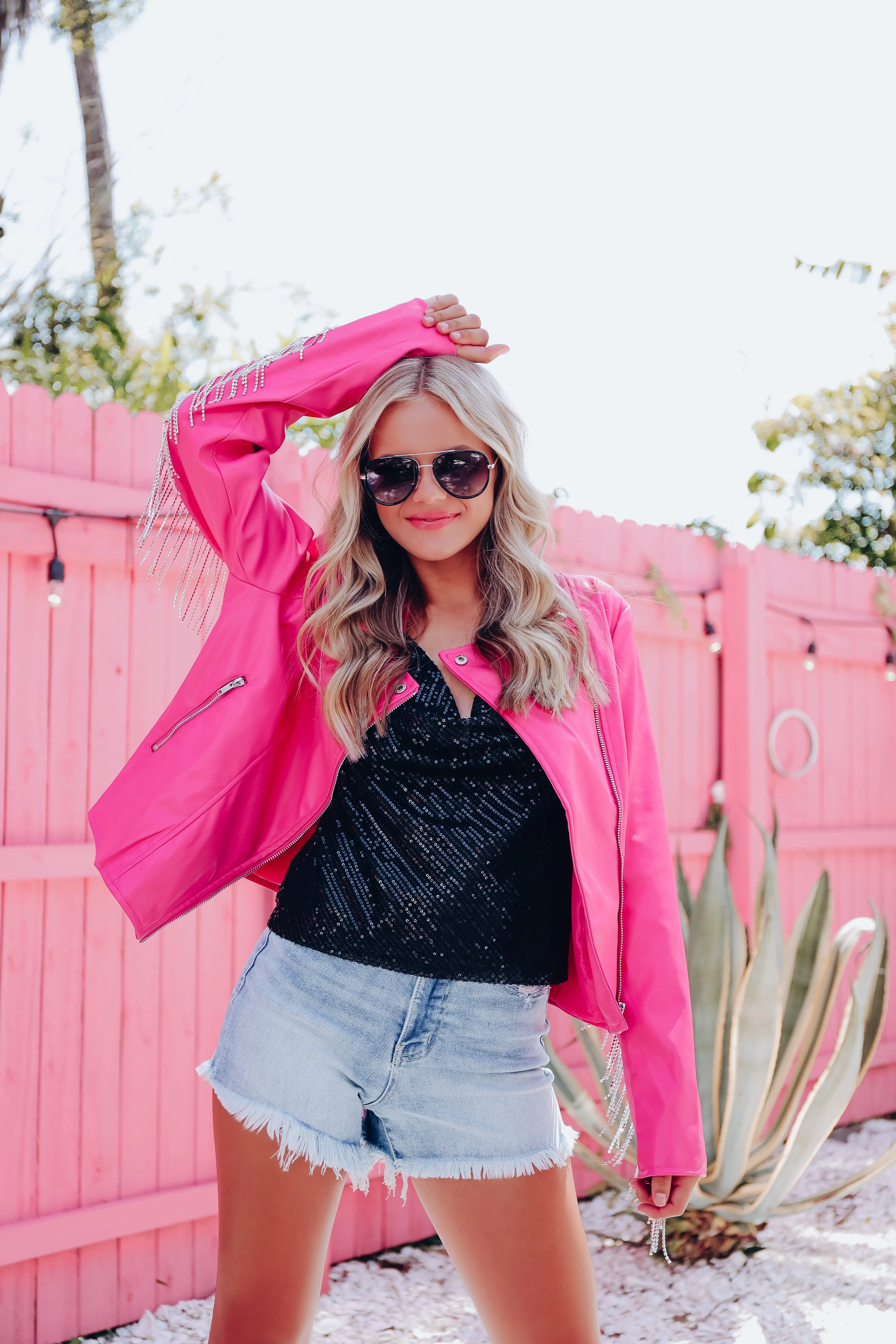 Legendary Faux Leather Rhinestone Fringe Jacket - Pink