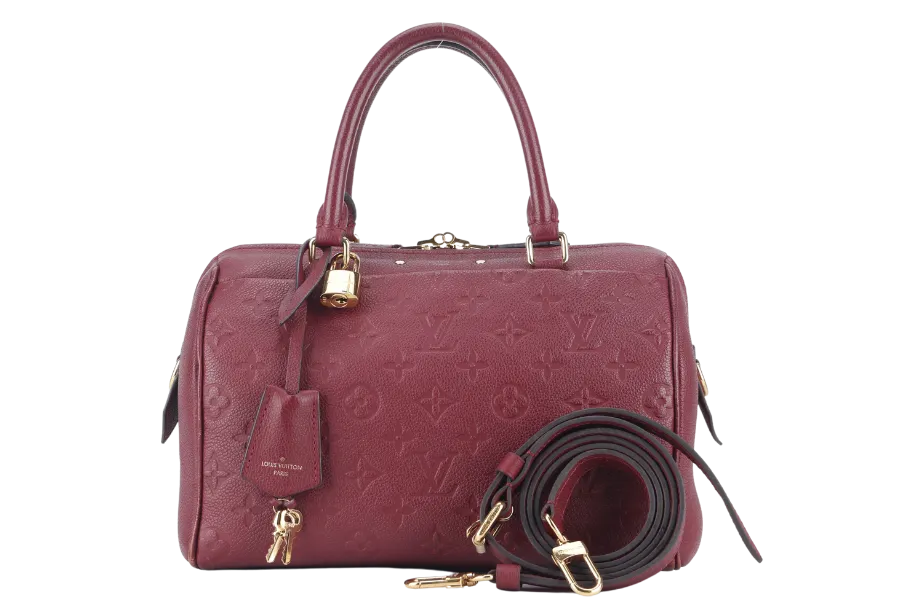 LOUIS VUITTON SPEEDY BANDOULIERE 25 (M44145) BURGUNDY MONOGRAM EMPREINTE GOLD HARDWARE WITH STRAPS, LOCK AND KEYS