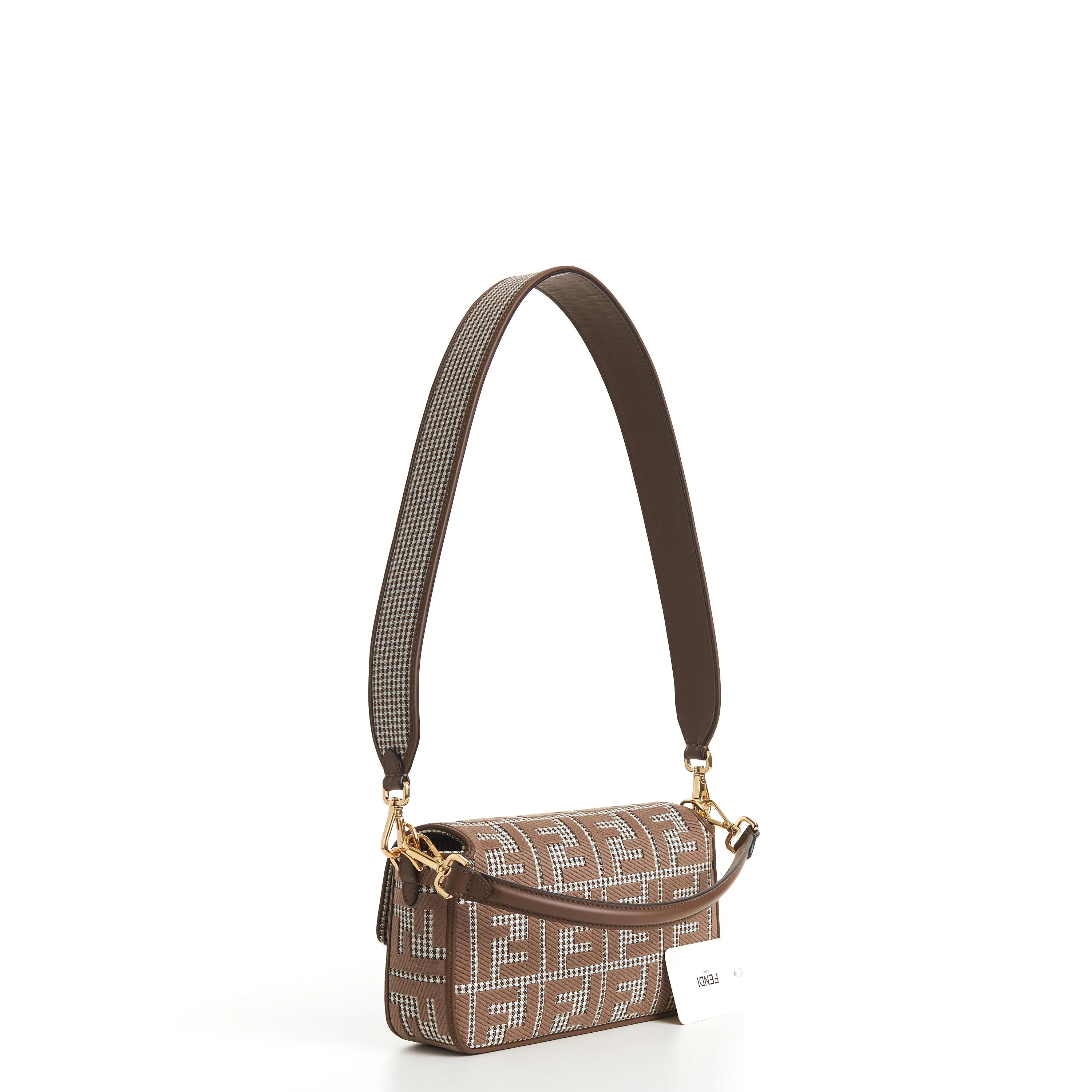 Medium Baguette - Brown Houndstooth Wool Bag With FF Embroidery