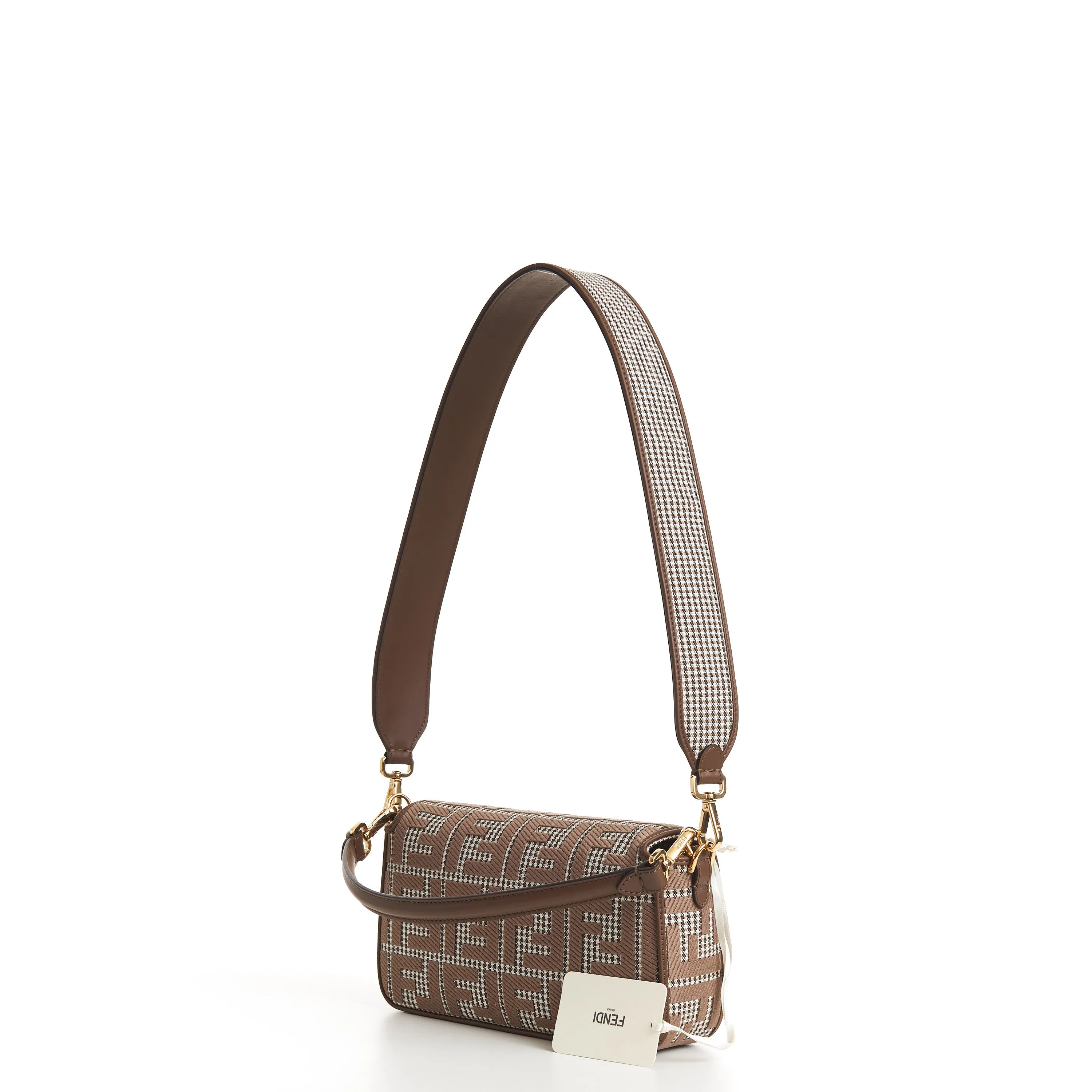 Medium Baguette - Brown Houndstooth Wool Bag With FF Embroidery