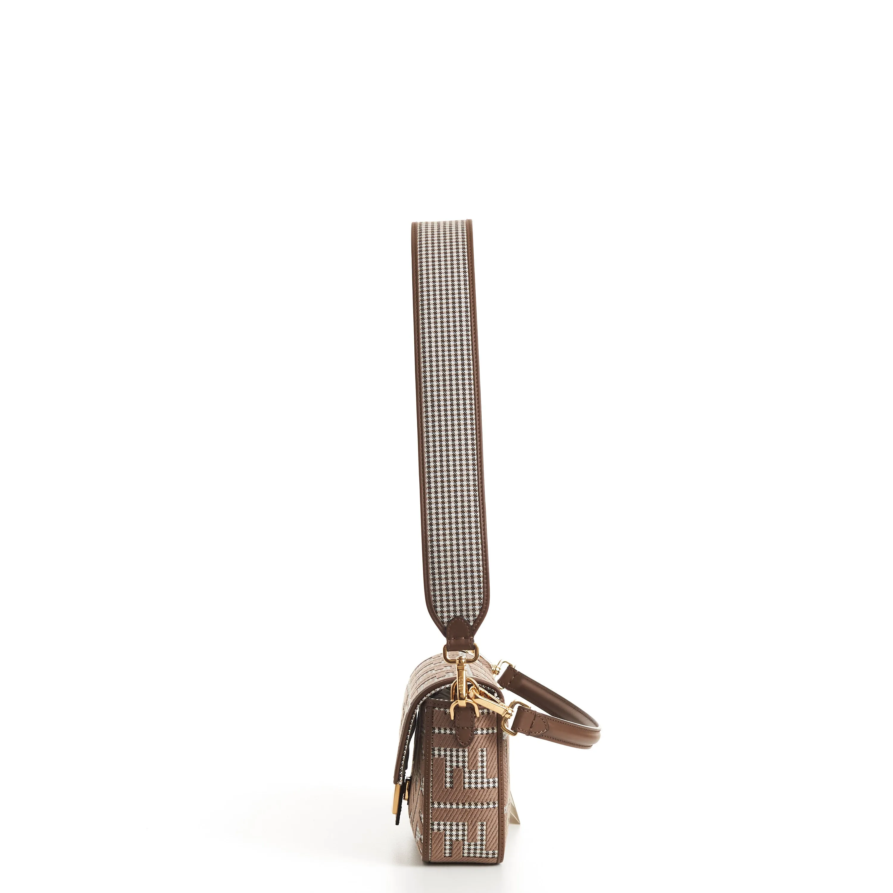 Medium Baguette - Brown Houndstooth Wool Bag With FF Embroidery