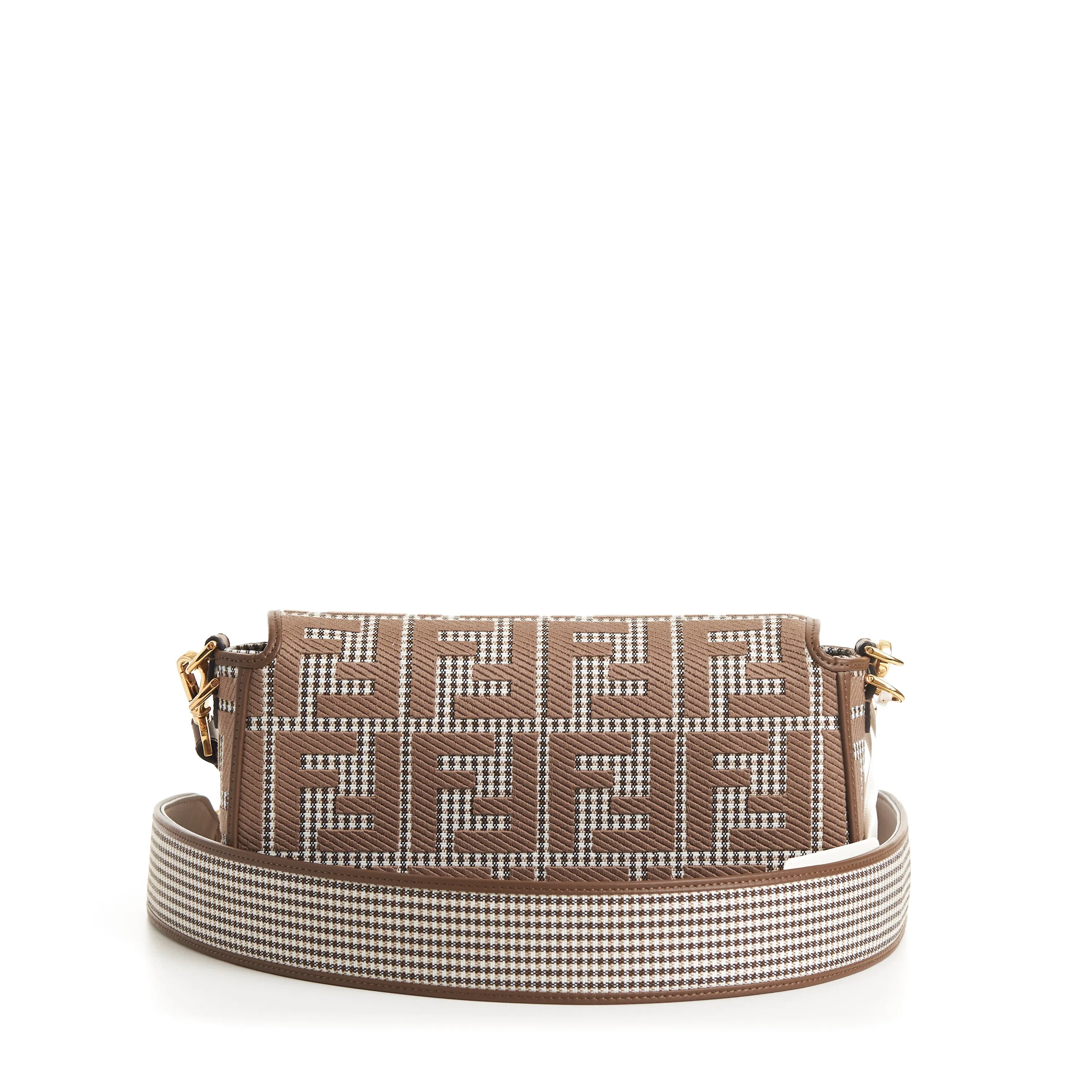 Medium Baguette - Brown Houndstooth Wool Bag With FF Embroidery