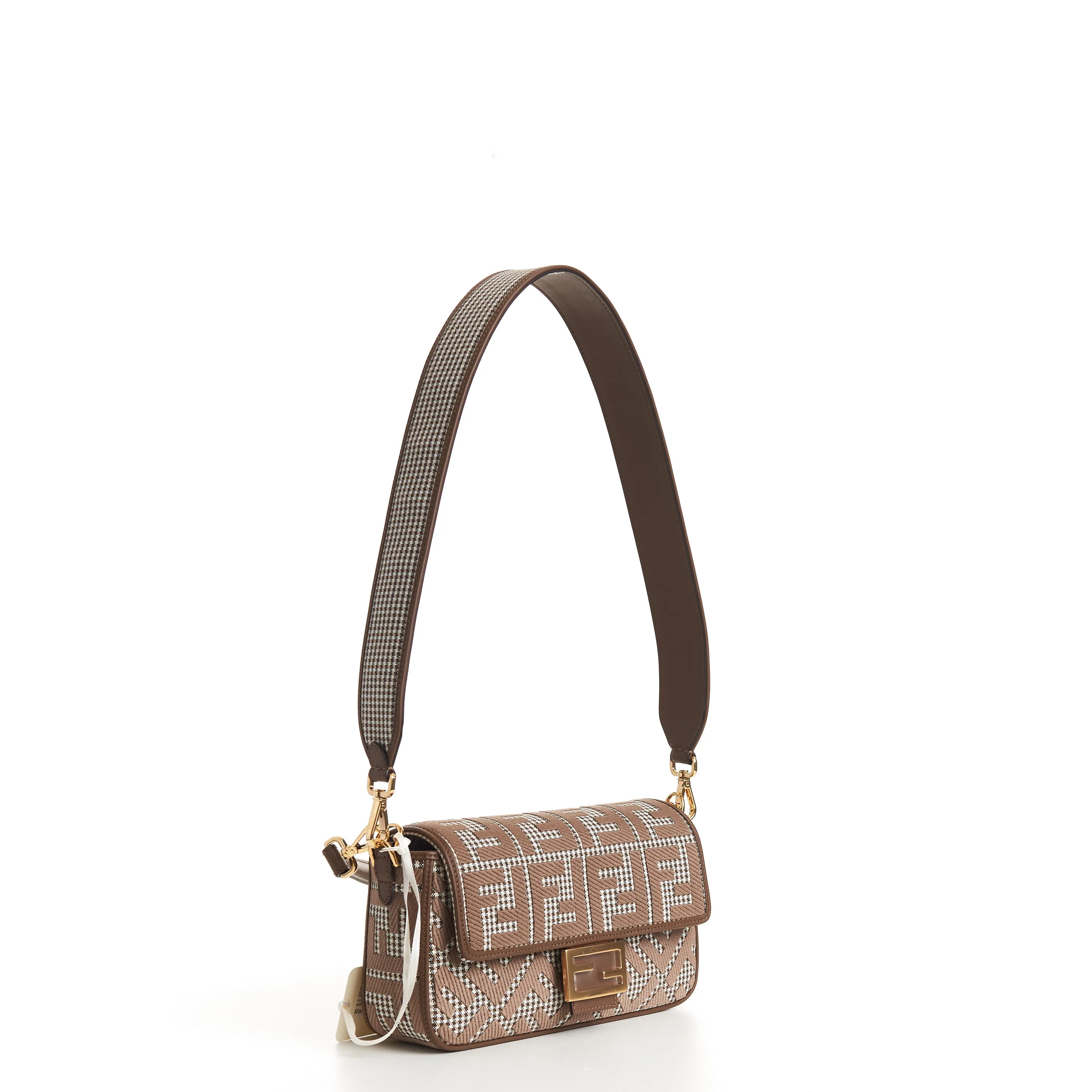 Medium Baguette - Brown Houndstooth Wool Bag With FF Embroidery