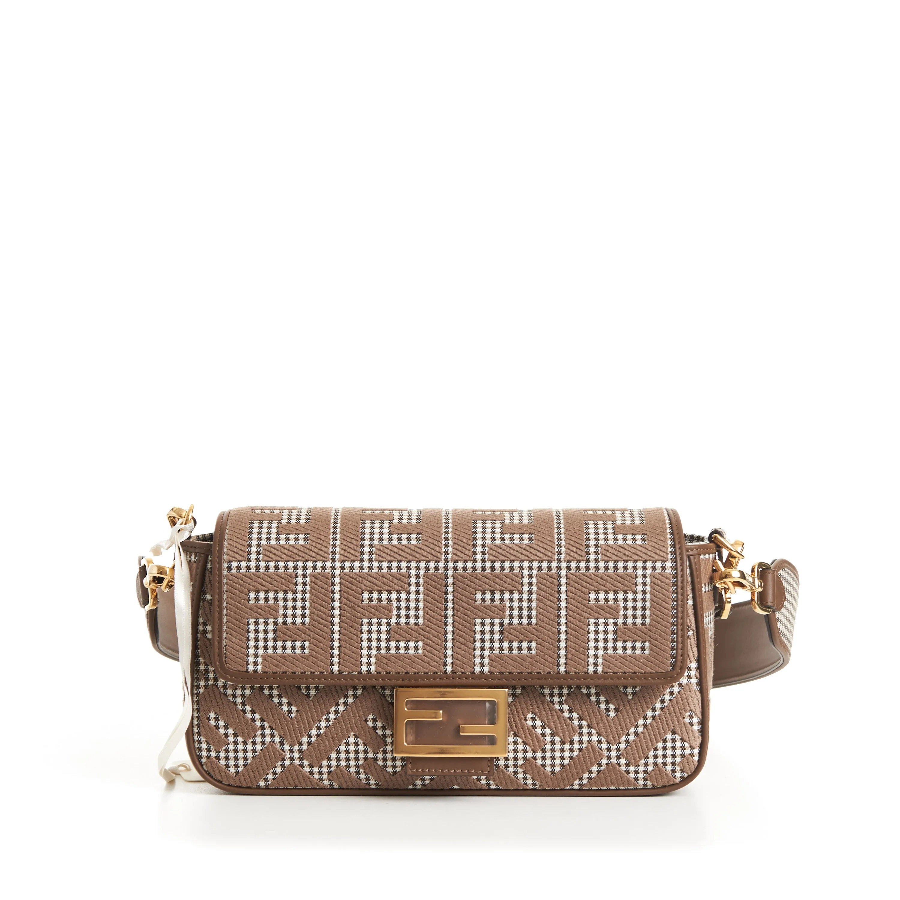Medium Baguette - Brown Houndstooth Wool Bag With FF Embroidery