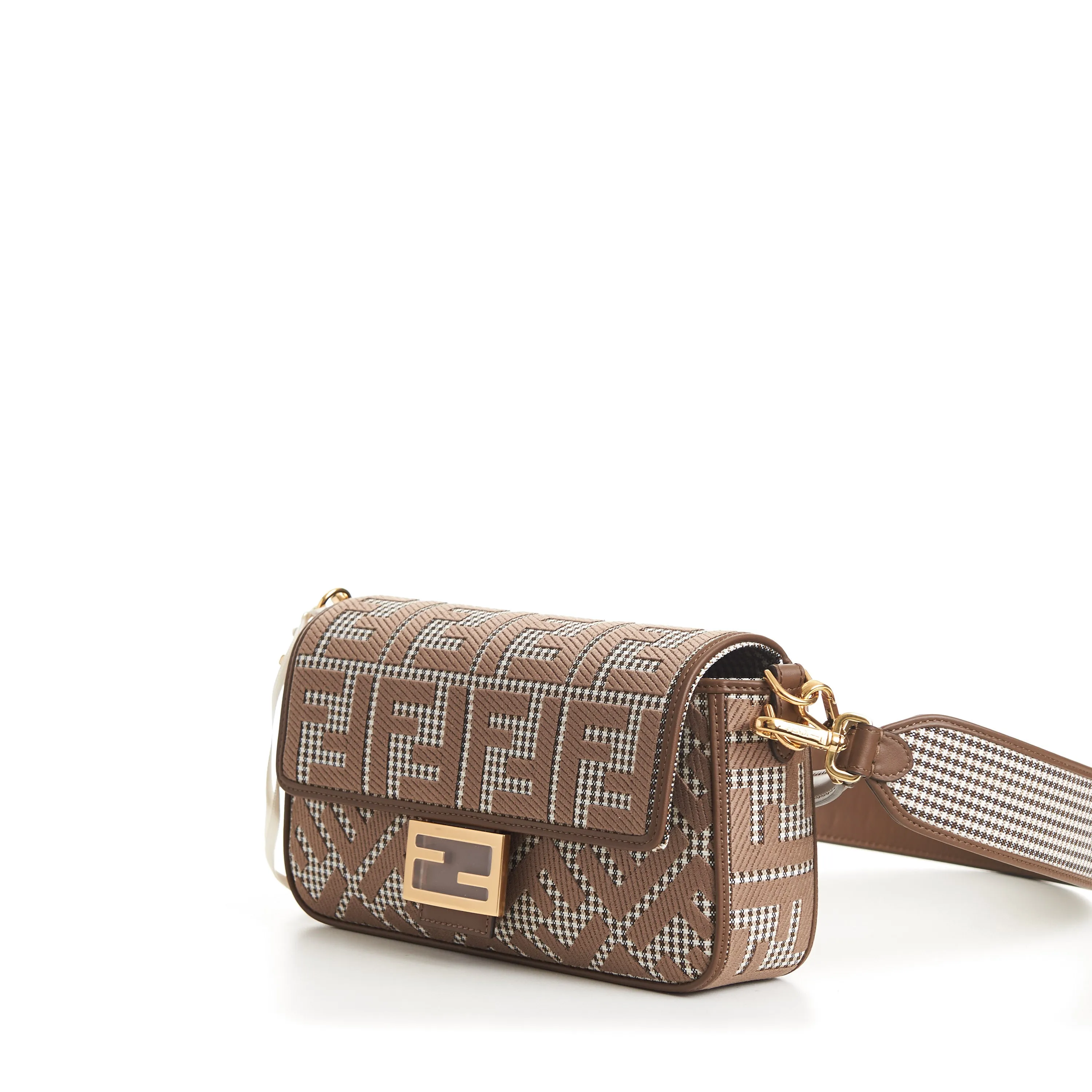 Medium Baguette - Brown Houndstooth Wool Bag With FF Embroidery