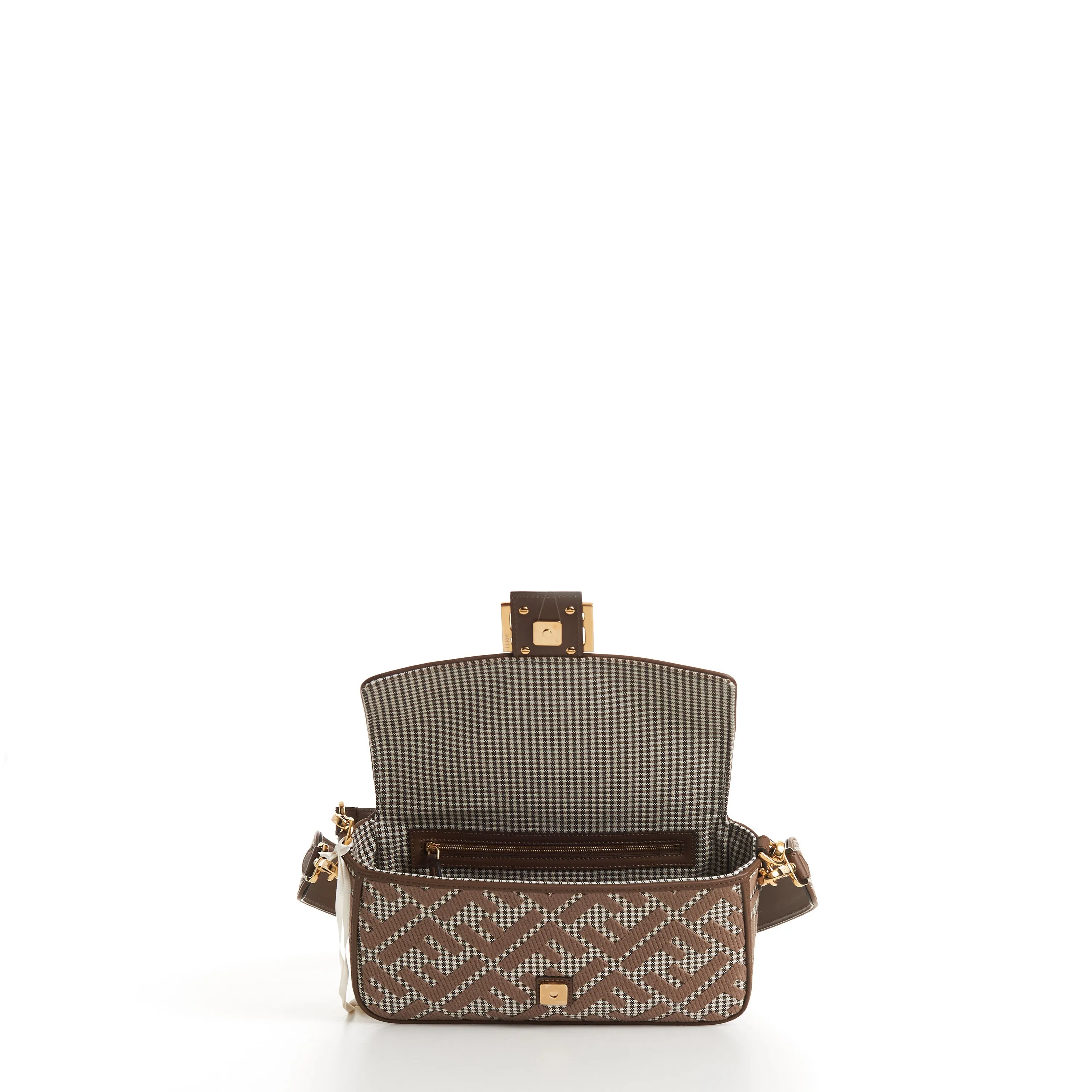 Medium Baguette - Brown Houndstooth Wool Bag With FF Embroidery