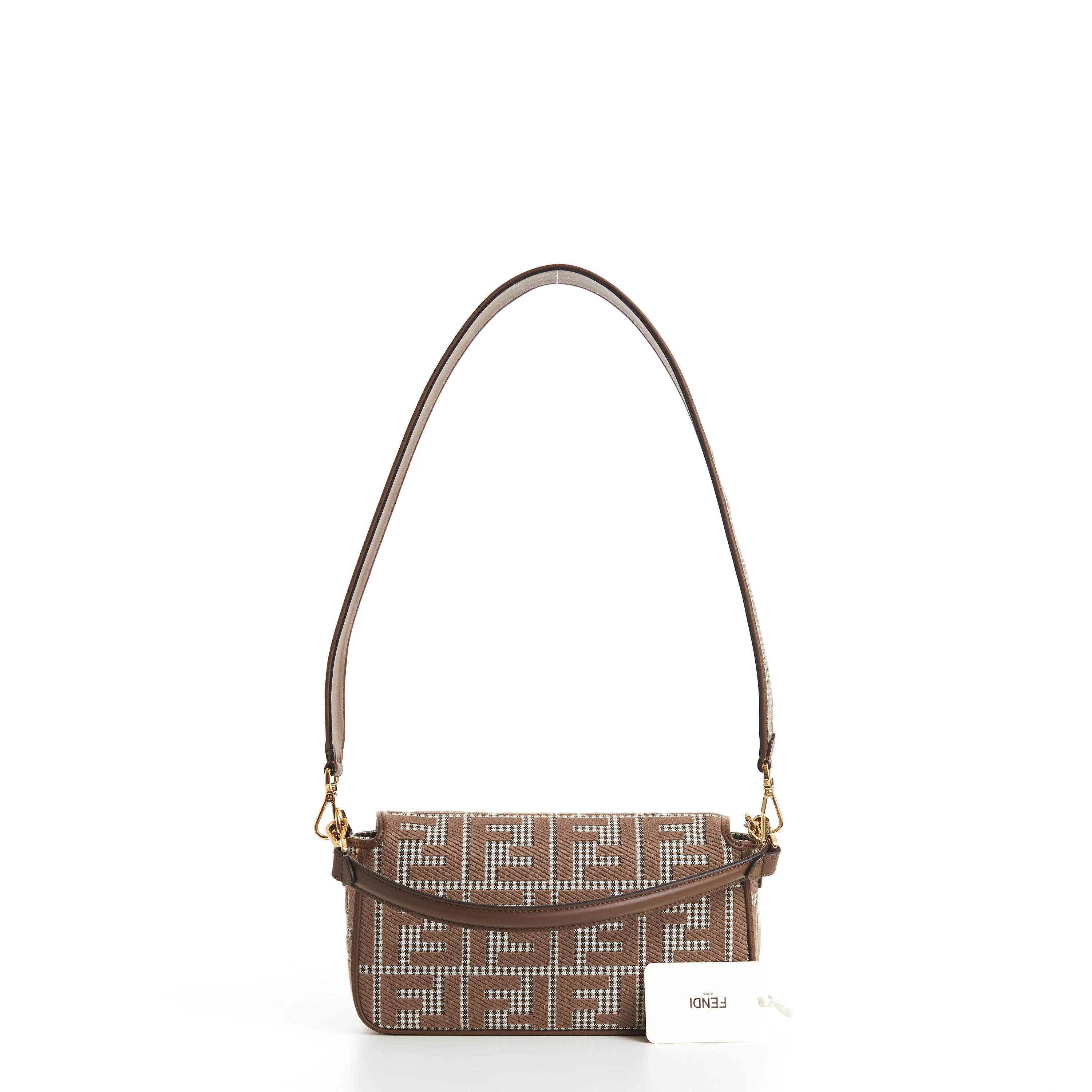 Medium Baguette - Brown Houndstooth Wool Bag With FF Embroidery