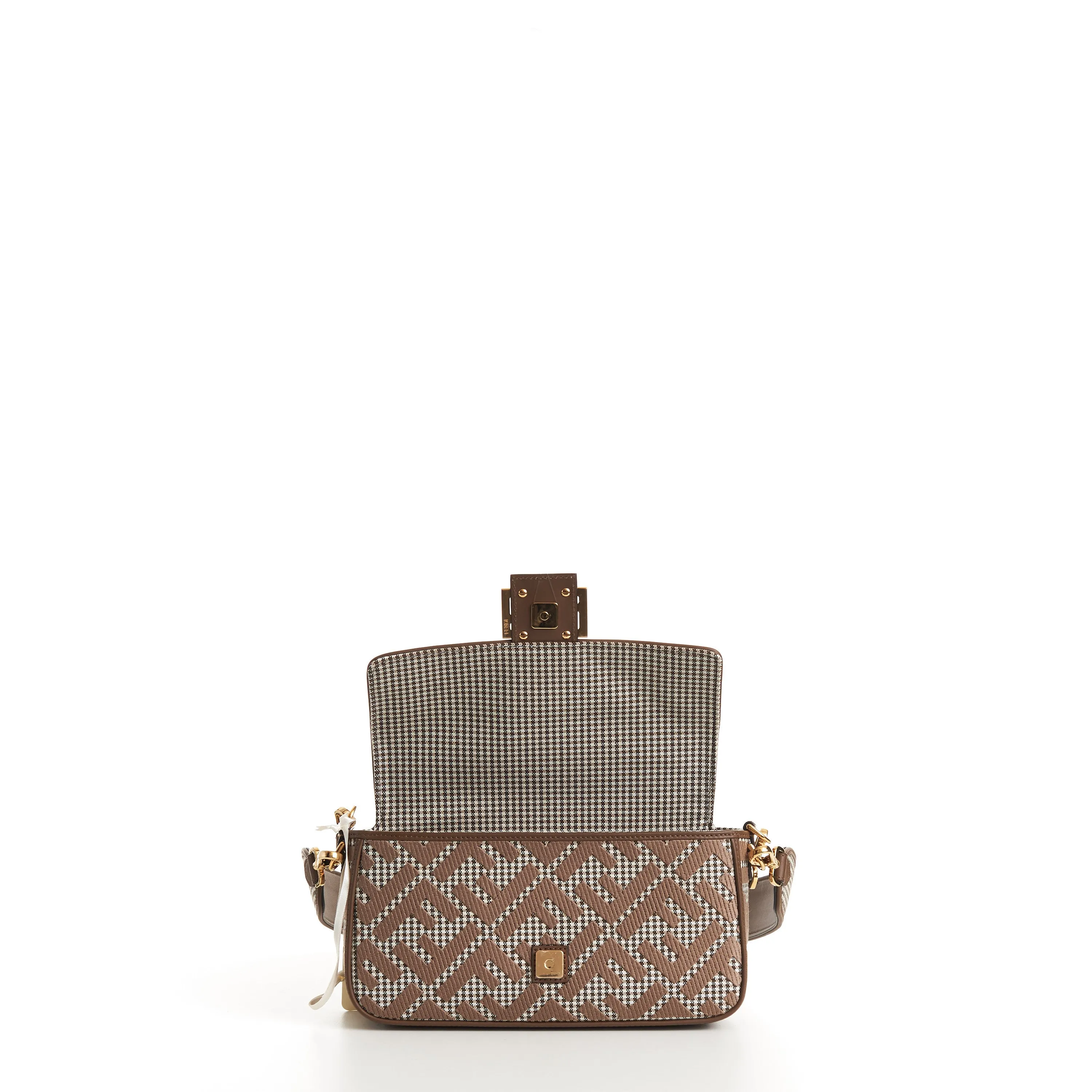 Medium Baguette - Brown Houndstooth Wool Bag With FF Embroidery