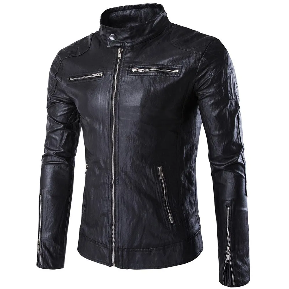 Mens Autumn Winter Pu Leather Punk Jacket