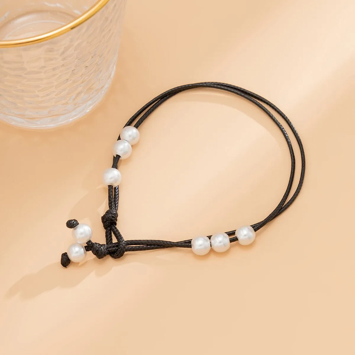 Minimalist Faux Leather Pearl Anklet