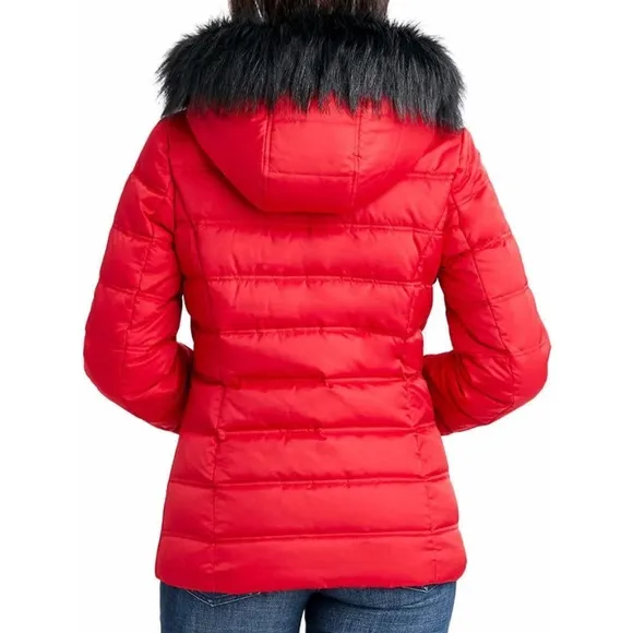Nautica Red Faux Fur Trim Hopded Zip Up  Jacket Size XL