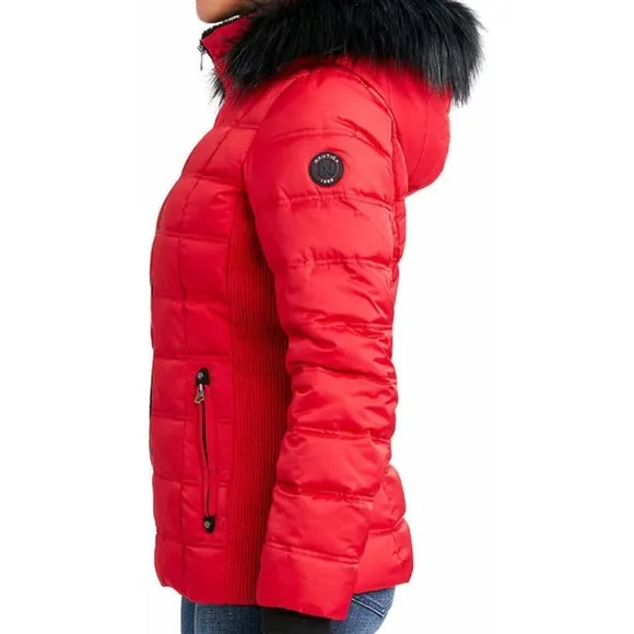 Nautica Red Faux Fur Trim Hopded Zip Up  Jacket Size XL