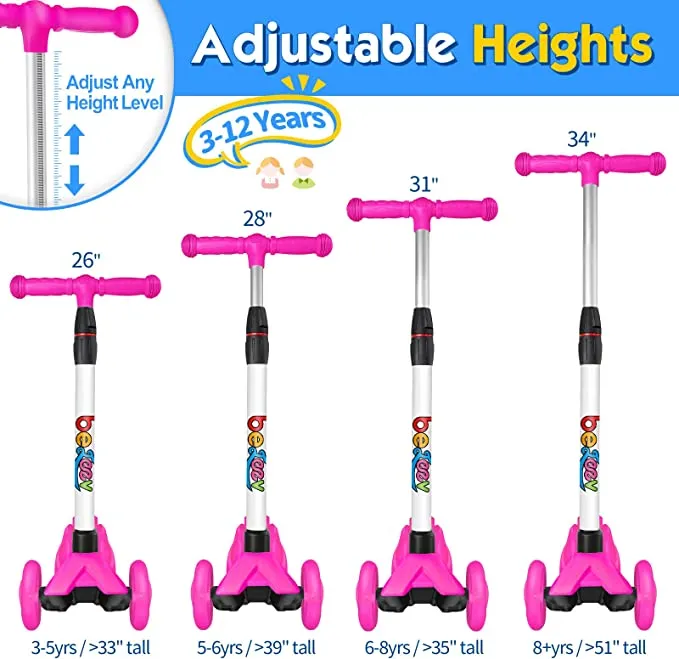 New BELEEV Scooters for Kids 3 Wheel Kick Scooter for Toddlers Girls & Boys, Scooter with 3 Adjustable Height, LED Light Up Wheels for Children from 3 to 12 Years Old, Pink