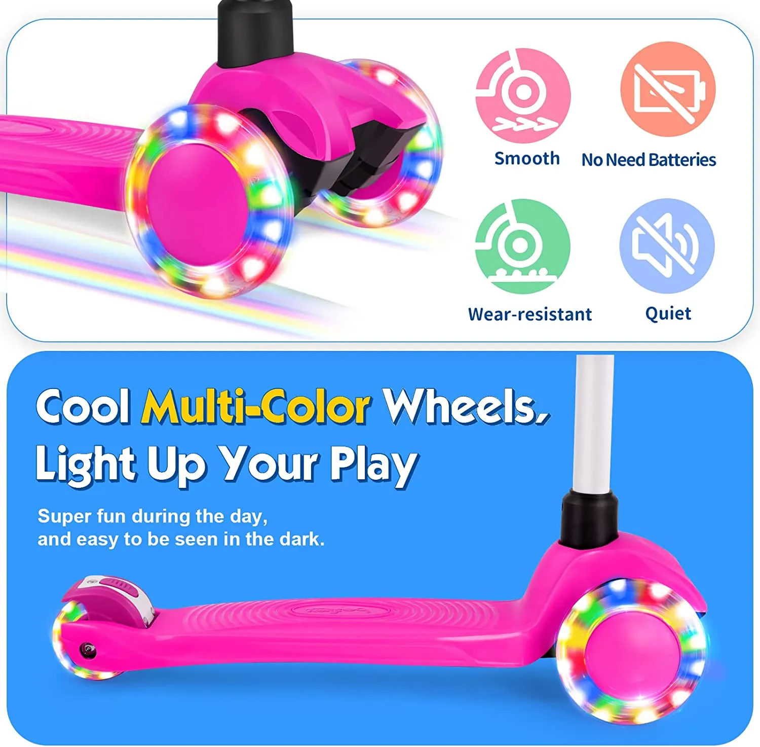 New BELEEV Scooters for Kids 3 Wheel Kick Scooter for Toddlers Girls & Boys, Scooter with 3 Adjustable Height, LED Light Up Wheels for Children from 3 to 12 Years Old, Pink
