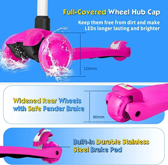 New BELEEV Scooters for Kids 3 Wheel Kick Scooter for Toddlers Girls & Boys, Scooter with 3 Adjustable Height, LED Light Up Wheels for Children from 3 to 12 Years Old, Pink