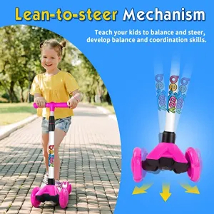 New BELEEV Scooters for Kids 3 Wheel Kick Scooter for Toddlers Girls & Boys, Scooter with 3 Adjustable Height, LED Light Up Wheels for Children from 3 to 12 Years Old, Pink