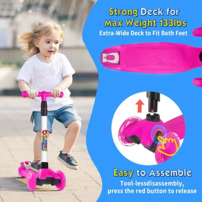 New BELEEV Scooters for Kids 3 Wheel Kick Scooter for Toddlers Girls & Boys, Scooter with 3 Adjustable Height, LED Light Up Wheels for Children from 3 to 12 Years Old, Pink